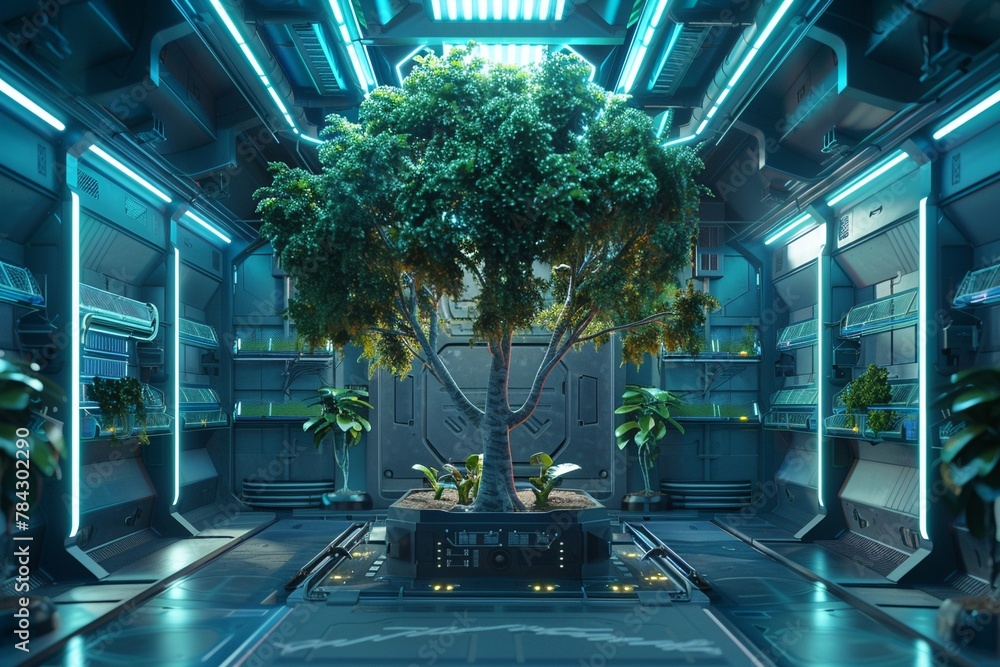 Advanced tree growth chamber, neon lights, side angle. - obrazy, fototapety, plakaty 