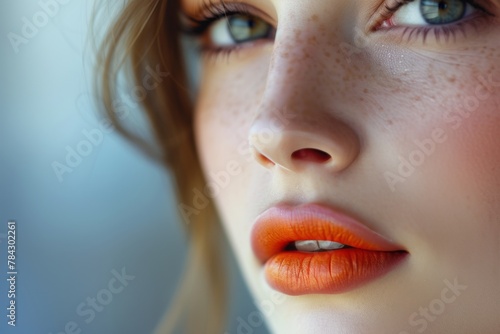 Sophisticated beauty: close-up of a woman's lips with soft orange lipstick