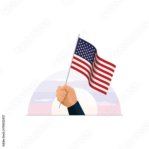 Hand Waving the Flag of the United Stated of America, Memorial Day, Remember and honor with USA flag
