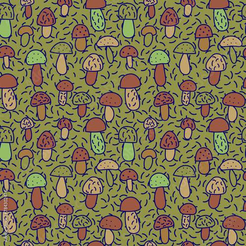 Mushroom forest in flat style. The theme of ecology and love for nature, nature protection. Seamless background for fabrics, textiles, packaging and wallpaper. Vector illustration