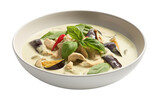 Green curry with chicken, rich coconut milk, large pieces of chicken, brinjal and basil in a white bowl. Fresh and delicious, isolated on transparent background.