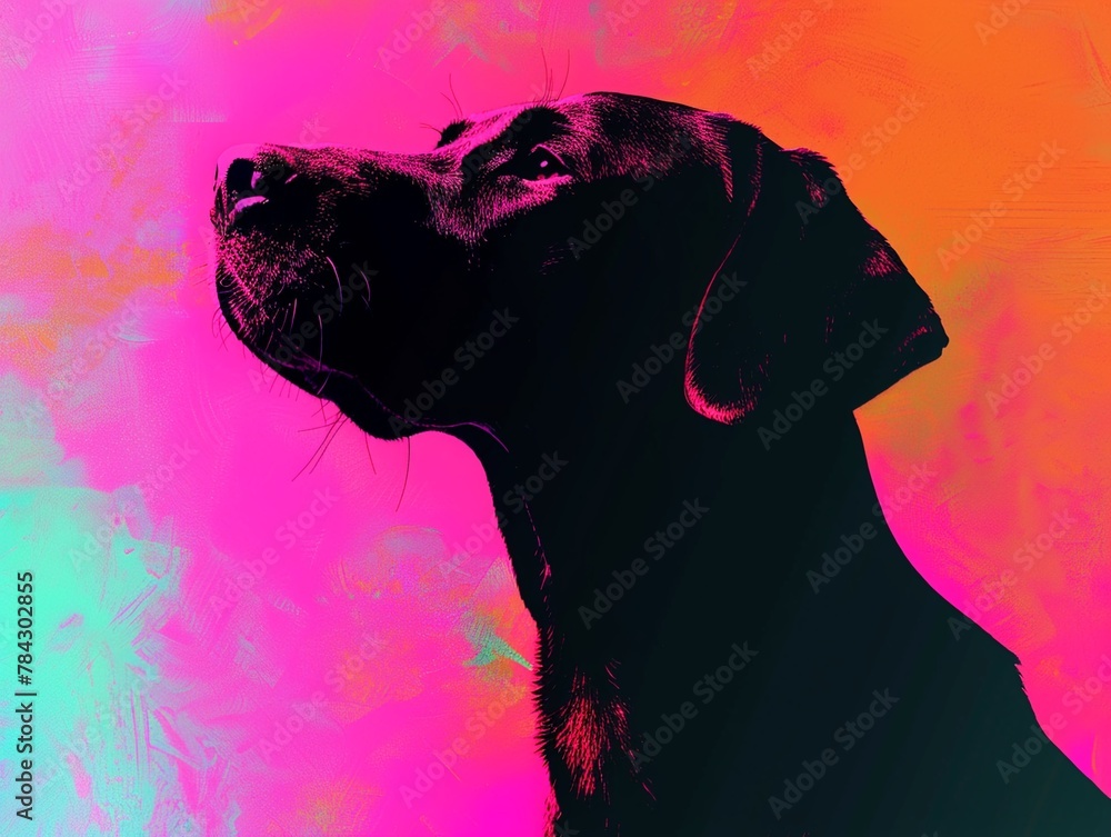 Dog silhouette, pop art background, neon colors.