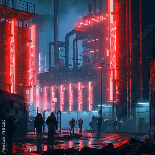 Cybernetic workers striking, neon factory gates, banners fluttering, night, economic unrest.