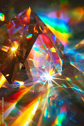 Crystal prism, refracting sunlight into a kaleidoscope of colors, casting rainbow hues on surrounding surfaces.