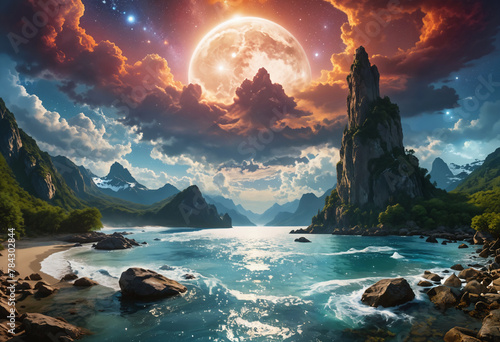 Fantastic landscape with a big full moon and a mountains and lake or river, fantasy matte painting, enchanted dreams. Science fiction landscape, a mystic river and starry sky. 