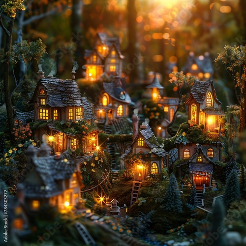 Enchanting Fairy Village  tiny houses and magical gardens  nestled within lush forests Realistic imagery.