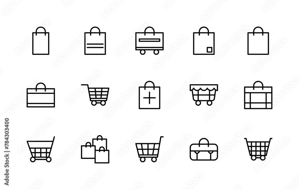 Shopping bag and basket vector linear icons set. Collection contains such icons as sales, shopping bag, package, purchases and more. Shopping bag and basket vector linear icons set. Collection contains such icons as sales, shopping bag, package, purchases and more.