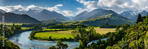 Majestic Panorama of Picturesque New Zealand's Natural Wonders: Alpine Peaks, Tranquil River, Dense Forest, and Lush Green Valleys © Frances