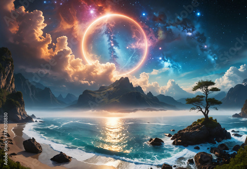 Fantastic landscape with a big glowing planet and a mountains and lake or river  fantasy enchanted dreams. Science fiction landscape  a mystic river and starry sky