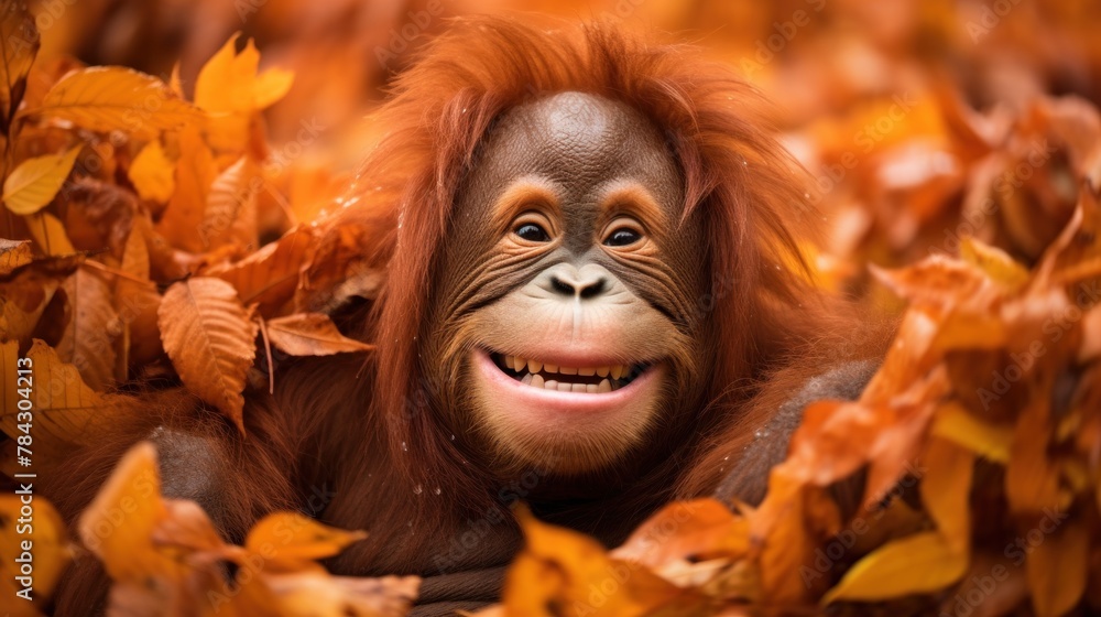 Obraz premium Portrait of happy orangutan rejoices in autumn.