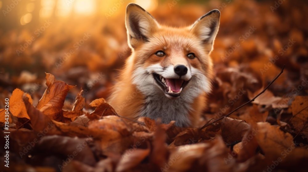 Fototapeta premium Portrait of happy fox rejoices in autumn.