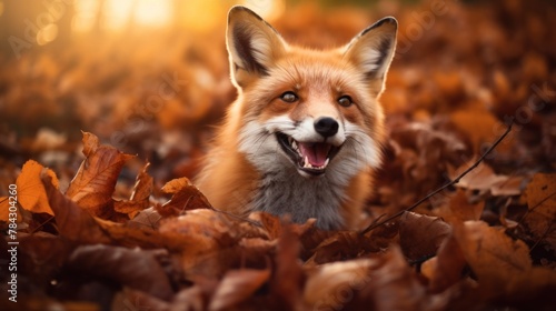 Portrait of happy fox rejoices in autumn.