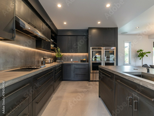Modern kitchen featuring sleek black cabinets, stainless steel appliances, and a marble countertop.