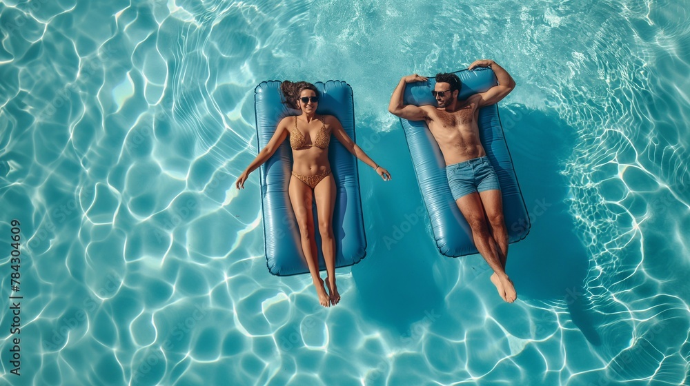 A happy couple has fun swimming and joking on inflatable mattresses in the pool, creating an atmosphere of joy and lightness. A man and a woman take their relationship to a new level. Top view .