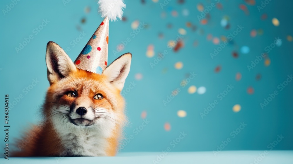 Obraz premium Funny fox with birthday party hat on blue background.