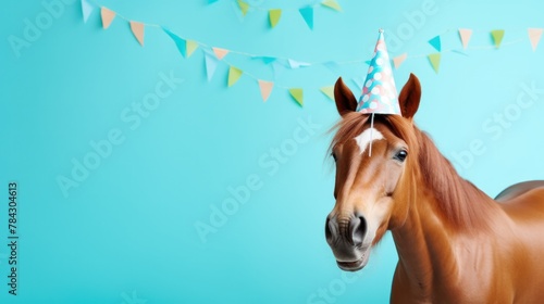 Funny horse with birthday party hat on blue background. © vlntn