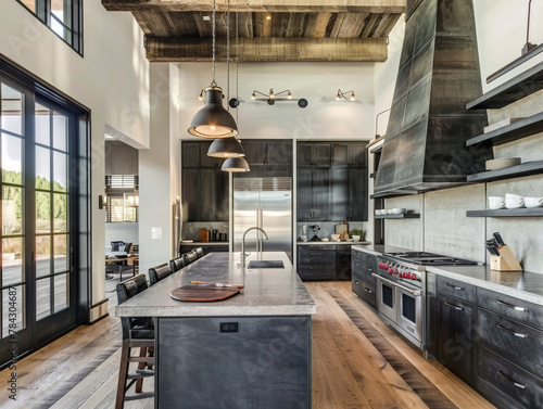 Modern kitchen featuring sleek matte black cabinets, stainless steel appliances, and minimalist design elements throughout.