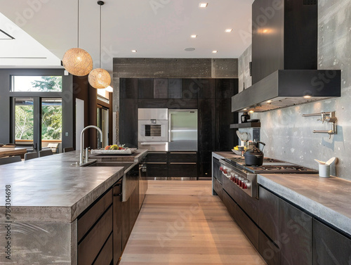 Sleek modern kitchen featuring matte black cabinets, stainless steel appliances, and a clean design aesthetic.