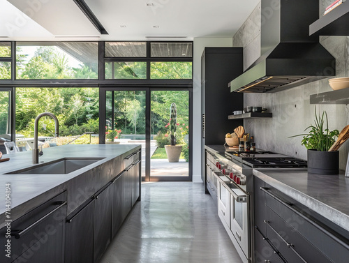 Stylish modern kitchen with sleek matte black cabinets, featuring a minimalist yet elegant design.