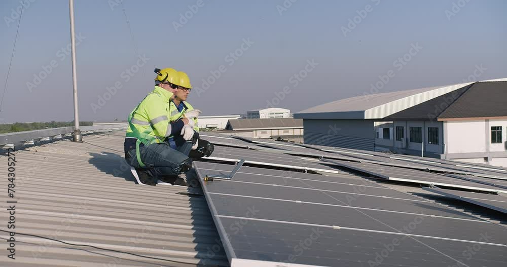 Technicians engineer in safety vests and helmets discussing analysis maintenance install solar panels on a metal roof, integrating sustainable energy solutions Technicians engineer in safety vests and helmets discussing analysis maintenance install solar panels on a metal roof, integrating sustainable energy solutions