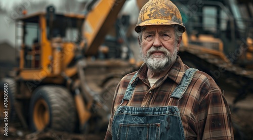 Seasoned construction worker in overalls and a weathered hard hat, with heavy machinery in the background, exuding experience and expertise.