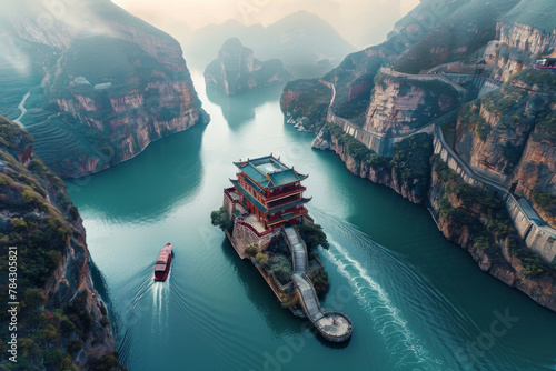 A ship sailing on the river in a canyon in china  photo