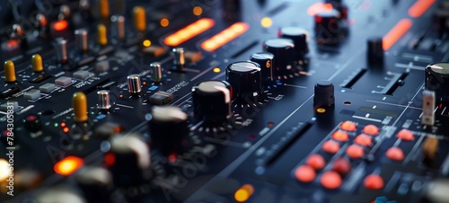 Close-up of a mixed signal oscilloscope's intricate control panel with glowing dials and buttons, highlighting precision electronic measurement equipment.