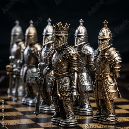illustration of full armored chess figures faiting on the chessboard, Generative ai © rajesh