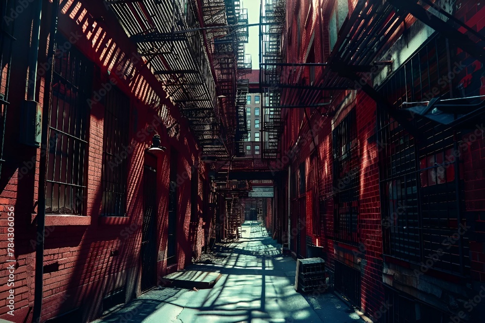 AI generated illustration of a city alley with multiple fire escape ladders and red buildings