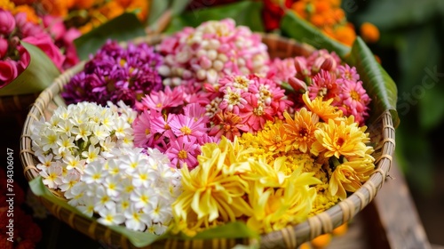 Flowers are an essential component of the Vishukani. Typically, vibrant and fragrant flowers