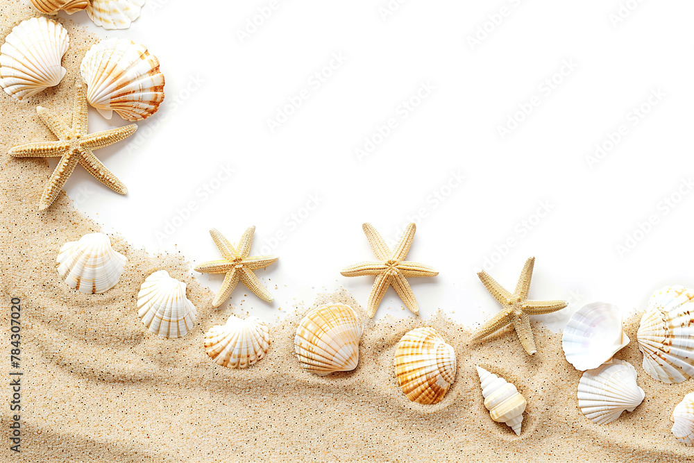 Sand, starfish and shells on white background with copy space. Summer background for banner. Top view photo Sand, starfish and shells on white background with copy space. Summer background for banner. Top view photo