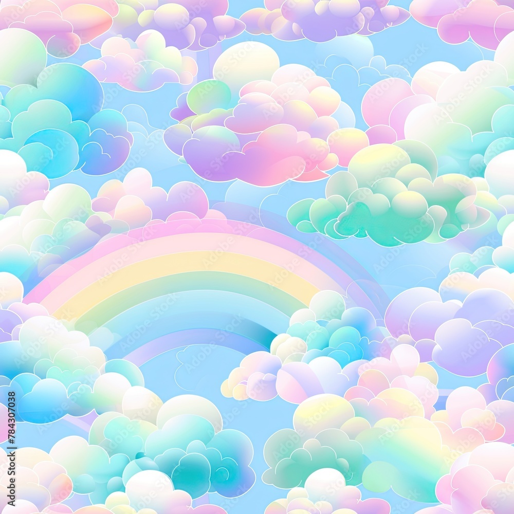 Pastel Paradise- Lose yourself in a whimsical pattern of fluffy clouds adorned in soft rainbow colors, creating a tranquil and idyllic scene