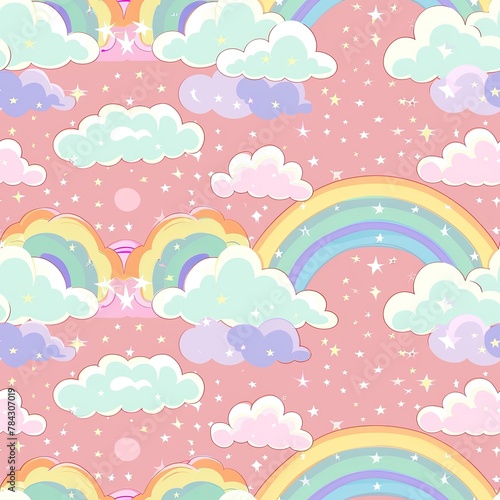 Pastel Dreamland- Explore a whimsical pattern featuring fluffy clouds in a soft rainbow palette, evoking a dreamy atmosphere of wonder and enchantment.