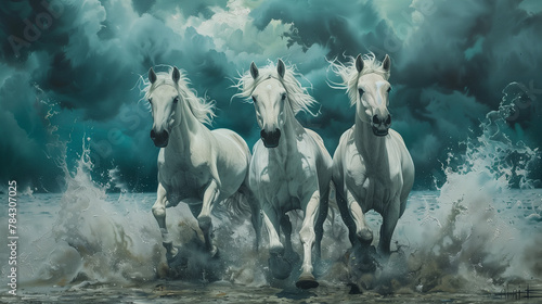 original art, painting of three white horses to represent power