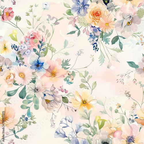 wonderment with a seamless pattern boasting watercolor-inspired bouquets of different flower varieties, delicately set against a backdrop of soft pastel tones