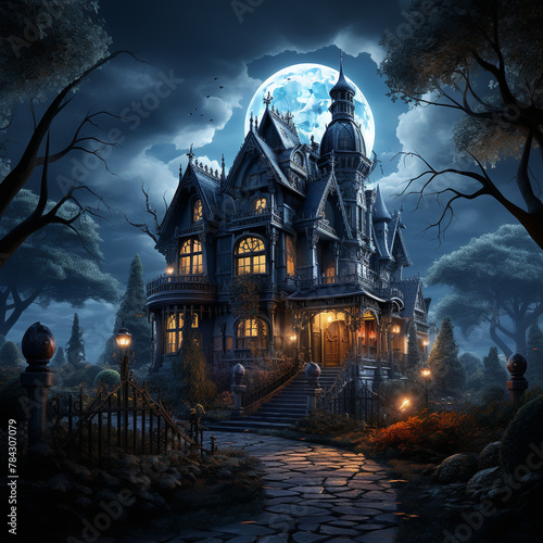 A Gothic house bathed in moonlight, the light accentuating its haunting beauty and the eerie elegance of its design, isolated on a midnight whisper grey background, evoking tales of mystery