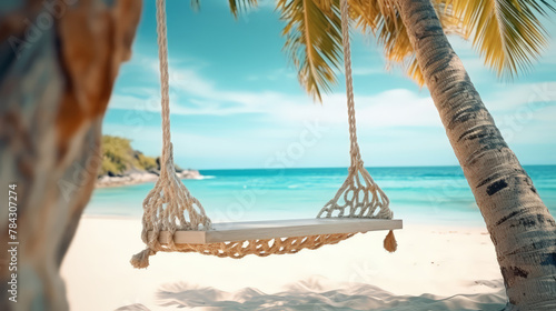 A swing chair with Seascape of Beautiful sandy beach and a blue sky in summer
