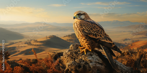 A detailed render of a falcon, eyes locked onto its prey, showcasing the intense focus and predatory instinct, isolated on a hunter's gaze background,