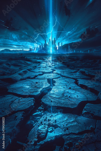 A cracked land with blue lights glowing from the crack, a city in the background