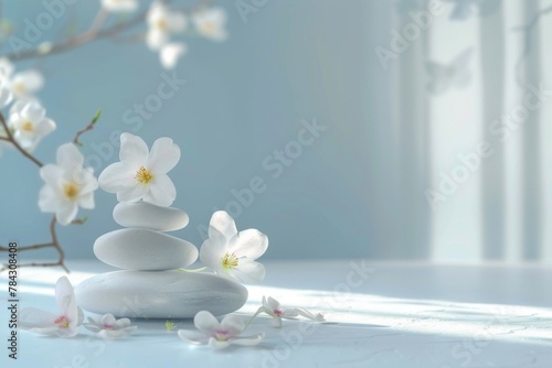 White background with Spa skincare concept.  White flowers and stones. Spa background with a space for a text. Template for logo demonstration.