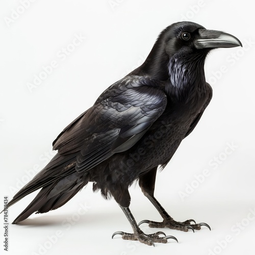 Close-up of a black raven standing  displaying its glossy feathers and intense eyes against a pristine white backdrop.