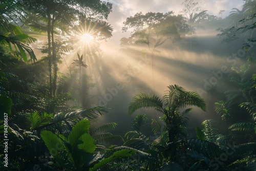 The suns rays penetrate the dense jungle canopy  illuminating the trees with a warm glow