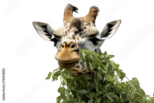 Giraffe eating leaves, Isolated on transparent background. photo