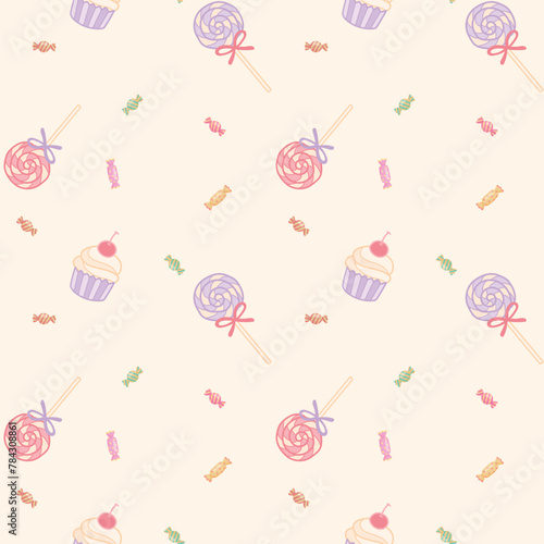 Seamless pattern candy lollipops cup cakes refreshing and cute hand drawn pastel style kids and babies