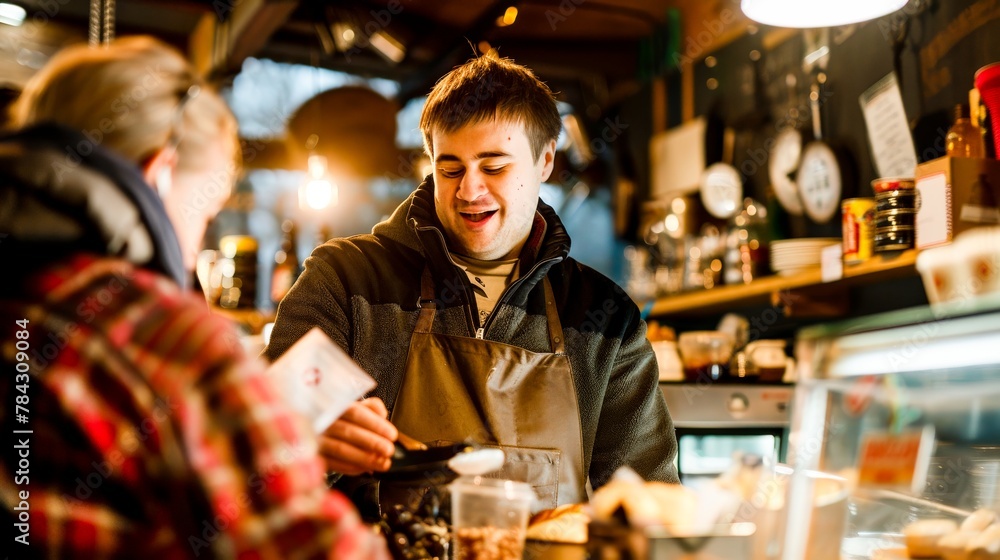 An adult with Down syndrome working at a local cafe, serving customers with a bright smile, showcasing independence and community integration.