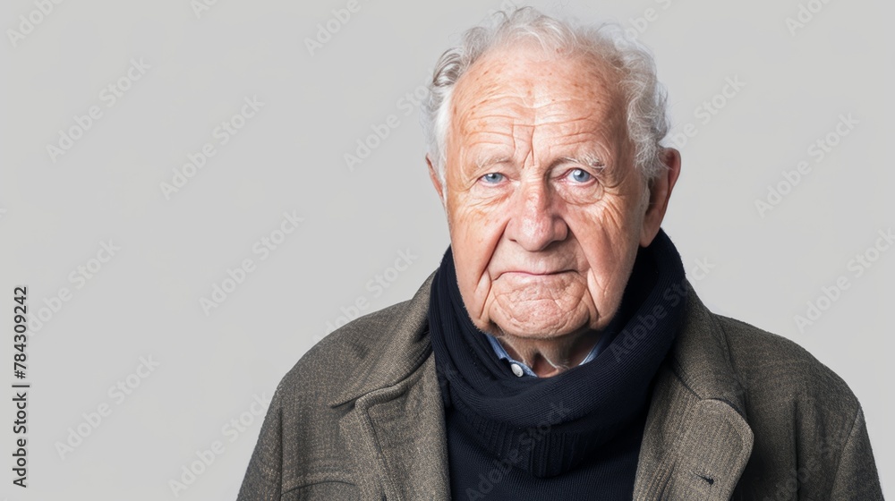 A grand father or elder man facing forward, user persona, isolated on light grey background, professional stock photography A grand father or elder man facing forward, user persona, isolated on light grey background, professional stock photography