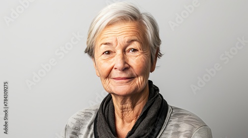 Kind senior woman with a gentle smile  active grandmother user persona  casual attire  grey background.