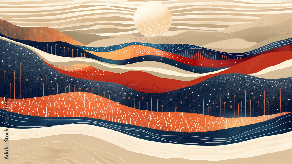 Abstract Desert Landscape with Wavy Layers and Celestial Elements Abstract Desert Landscape with Wavy Layers and Celestial Elements
