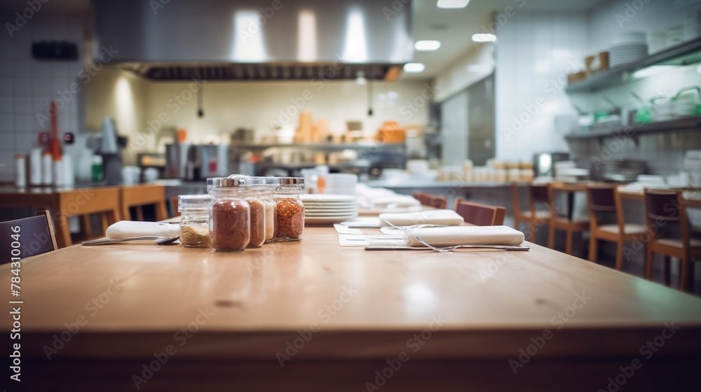 Spacious modern restaurant kitchen interior background with copy space. Wooden table counter with different kitchenware for preparing food.