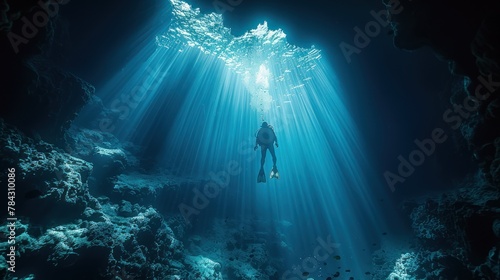 Scuba Diver in Underwater Light Beam photo
